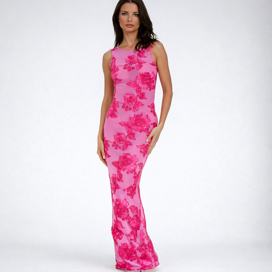 Floral Embroidered Maxi Dress Sleeveless Evening Gown Dark Pink