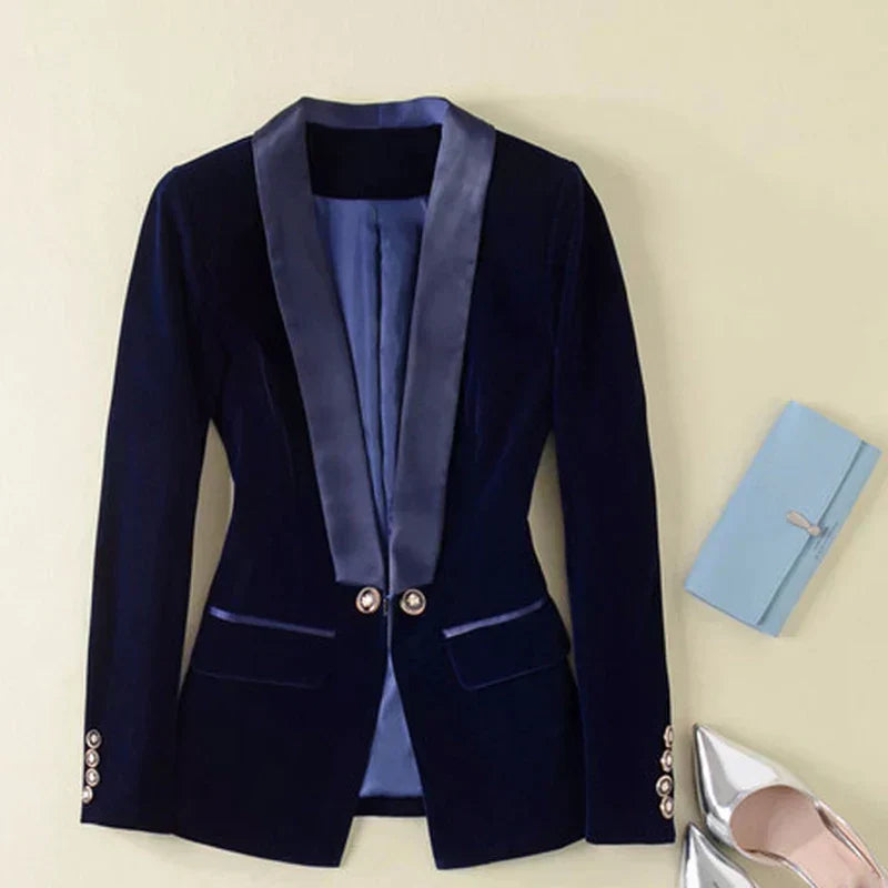 Women's Satin Velvet Blazer with Buttons and Pockets  | Perfect for Casual Days