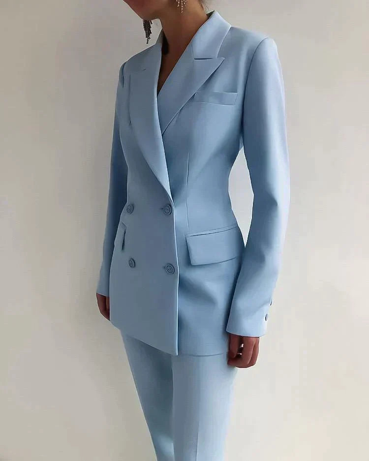 Women's Solid Color Buttoned Pocket Blazer Set | Perfect for Casual Days