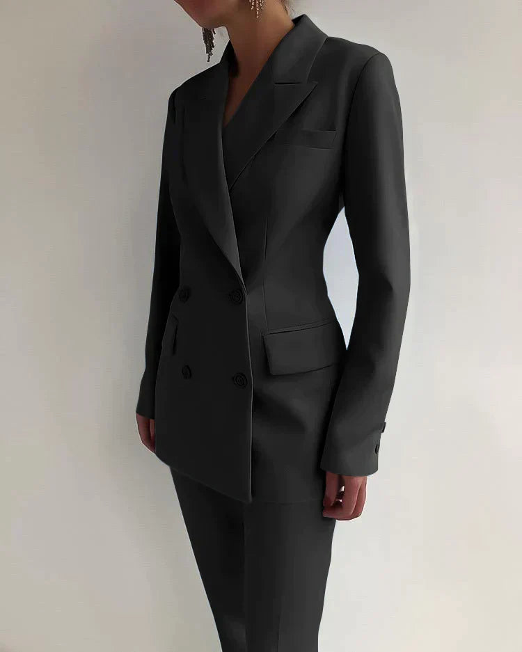 Women's Solid Color Buttoned Pocket Blazer Set | Perfect for Casual Days