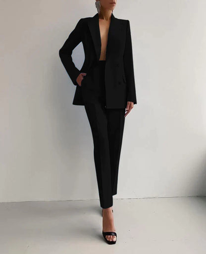 Women's Solid Color Buttoned Pocket Blazer Set | Perfect for Casual Days
