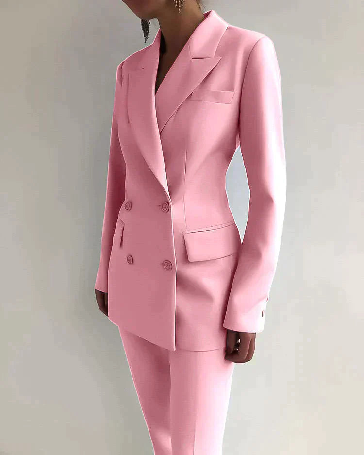 Women's Solid Color Buttoned Pocket Blazer Set | Perfect for Casual Days