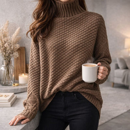 Turtleneck Sweater Women Brown Long Sleeve Winter Top