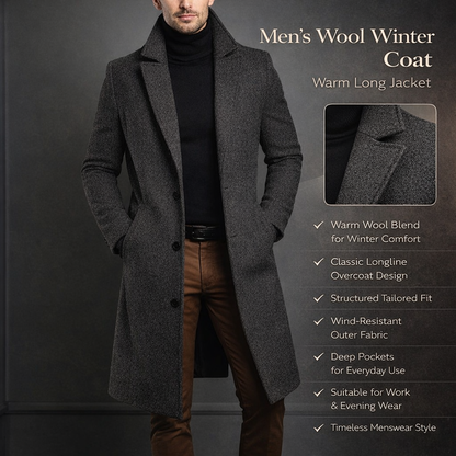 Men's Wool Winter Coat Warm Long Jacket