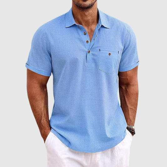 Men's Linen Polo Shirt Casual Breathable Short Sleeve Top 1