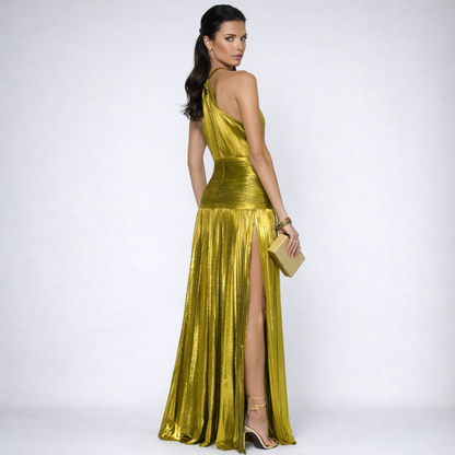 Metallic Halter Maxi Dress Pleated Evening Gown