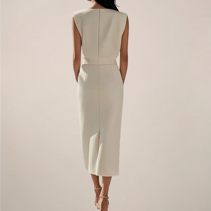 Elegant Midi Dress with Button Detail and Side Slit - Image 2