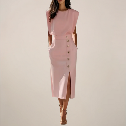 Elegant Midi Dress with Button Detail and Side Slit - Image 4