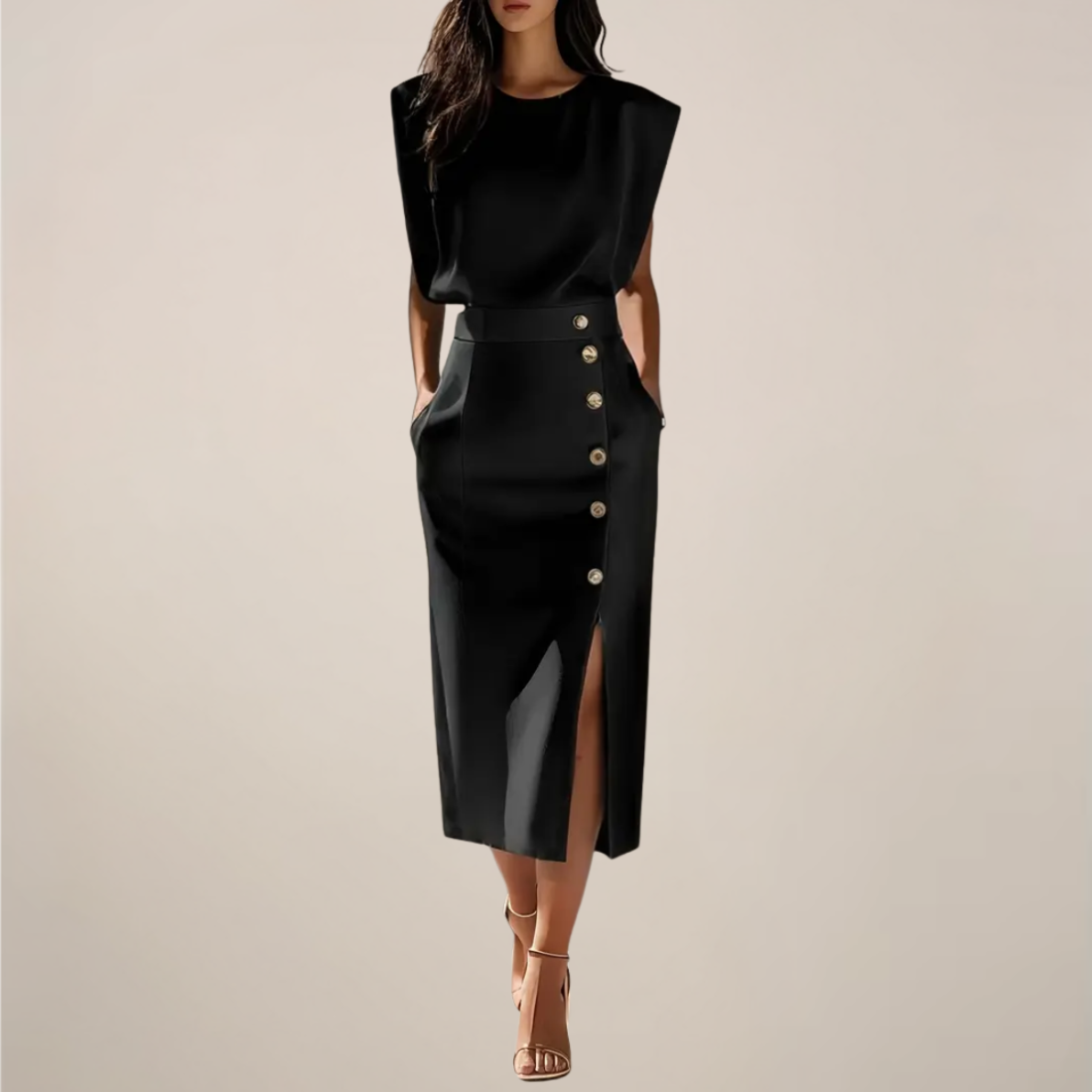 Elegant Midi Dress with Button Detail and Side Slit - Image 5