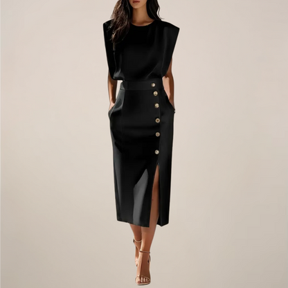 Elegant Midi Dress with Button Detail and Side Slit - Image 5