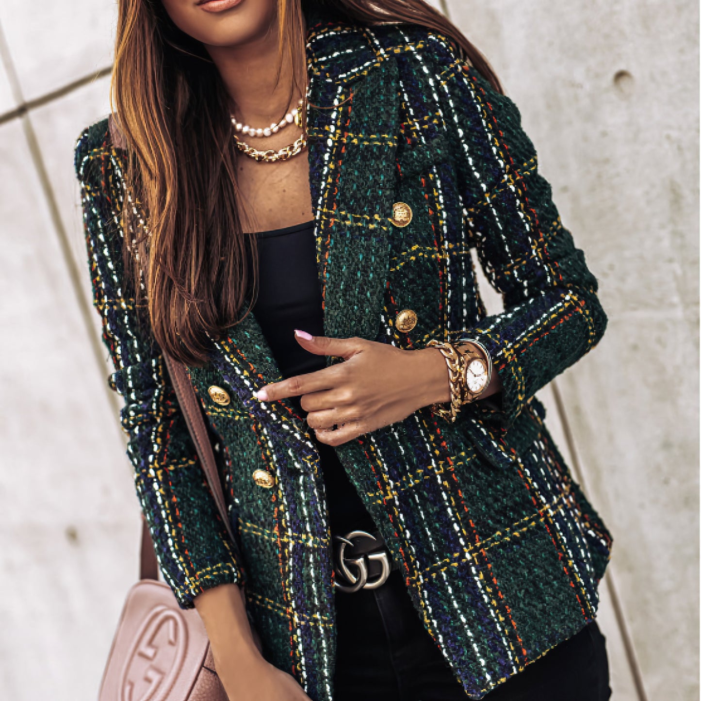 Women's Blazer Jacket Checked Tailored Office Style