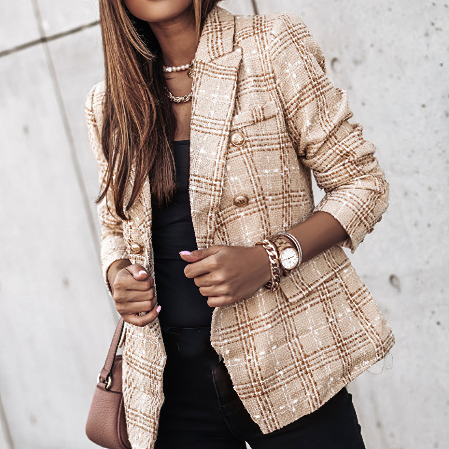 Women's Blazer Jacket Checked Tailored Office Style