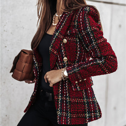 Women's Blazer Jacket Checked Tailored Office Style