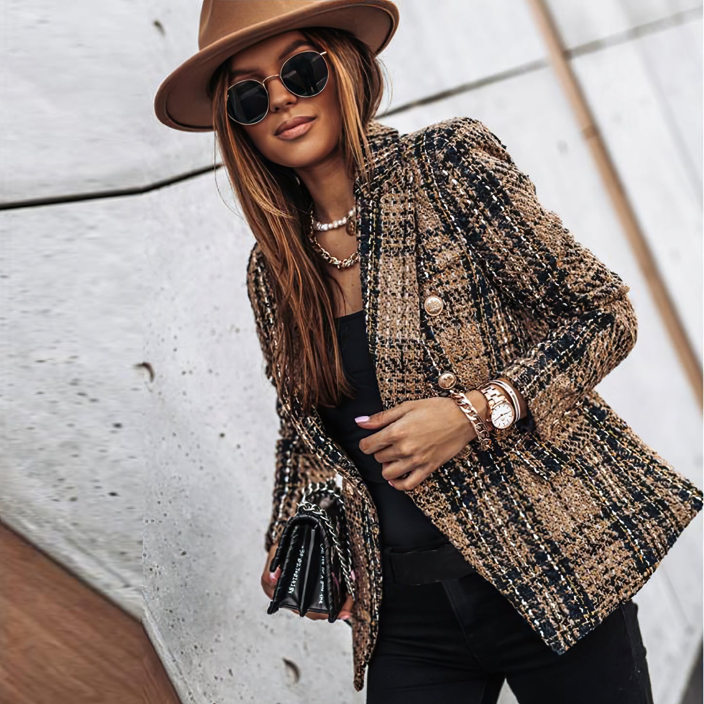 Women's Blazer Jacket Checked Tailored Office Style