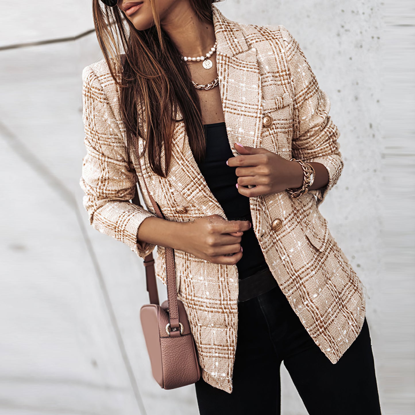 Women's Blazer Jacket Checked Tailored Office Style