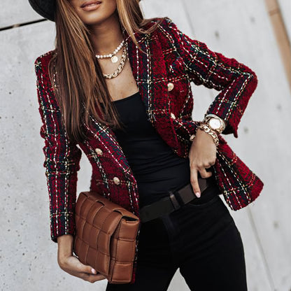 Women's Blazer Jacket Checked Tailored Office Style