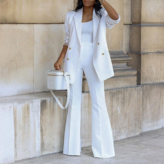 Women's Buttoned Blazer with Flared Trouser Two-piece Set