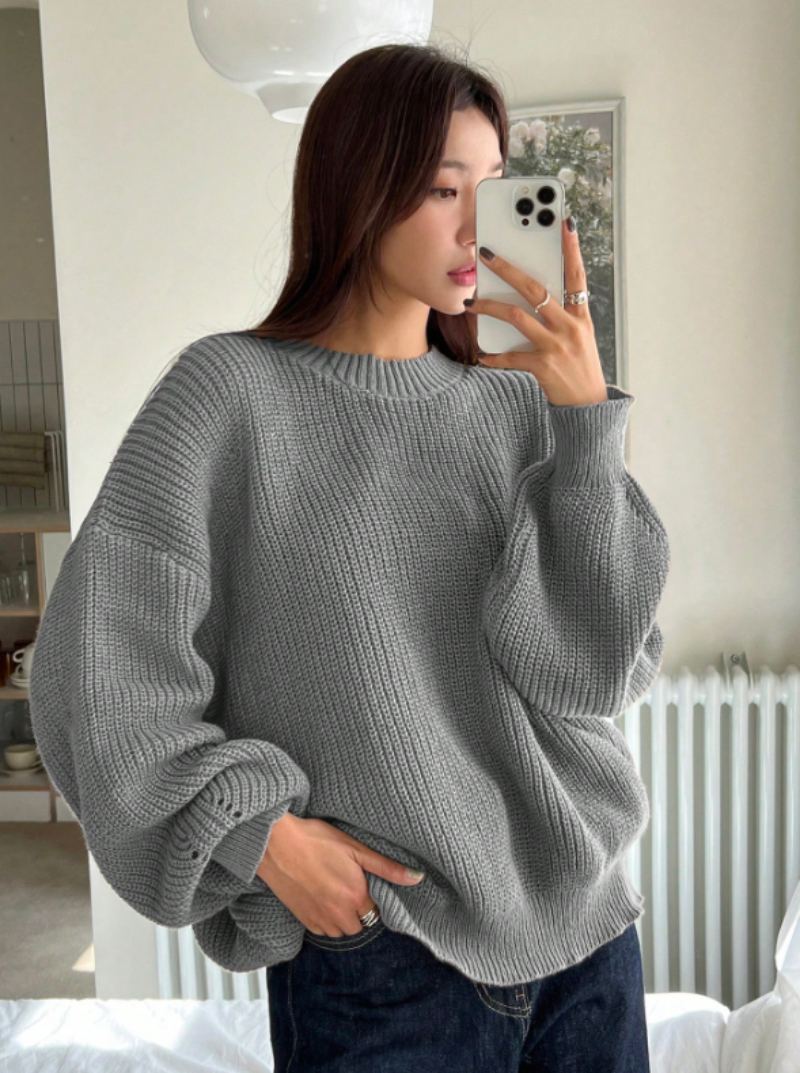 Women's Loose Knitted Plain round neck Jumper