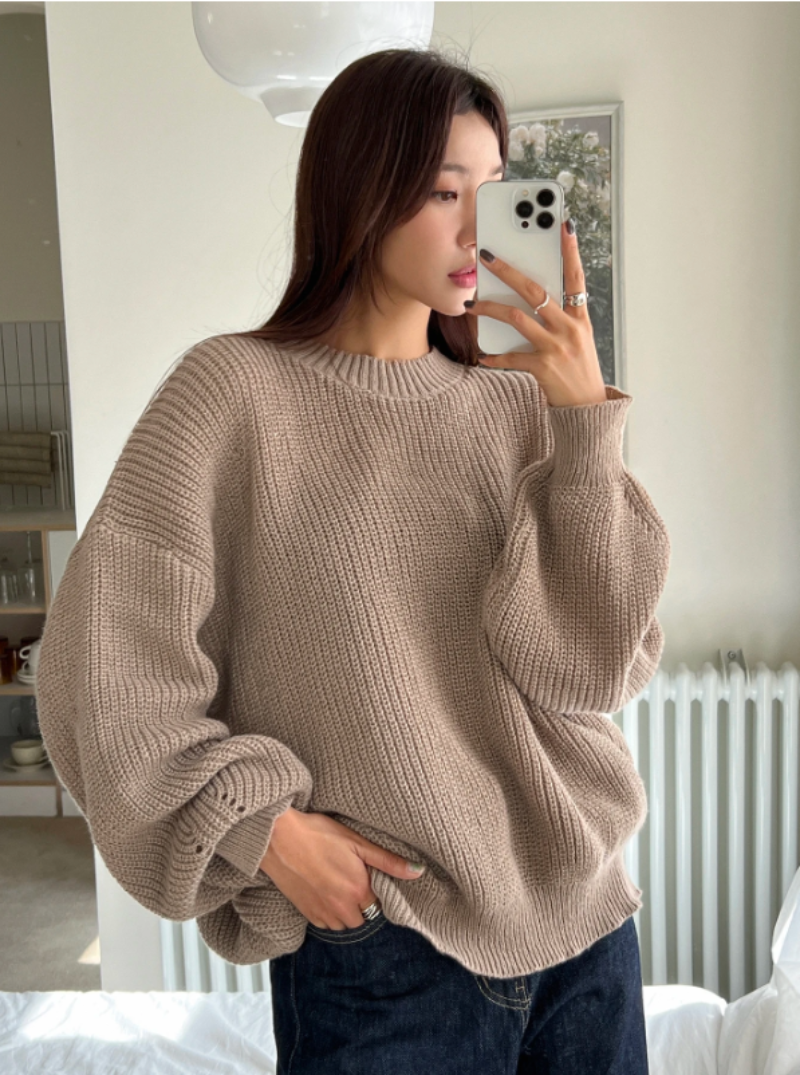 Women's Loose Knitted Plain round neck Jumper