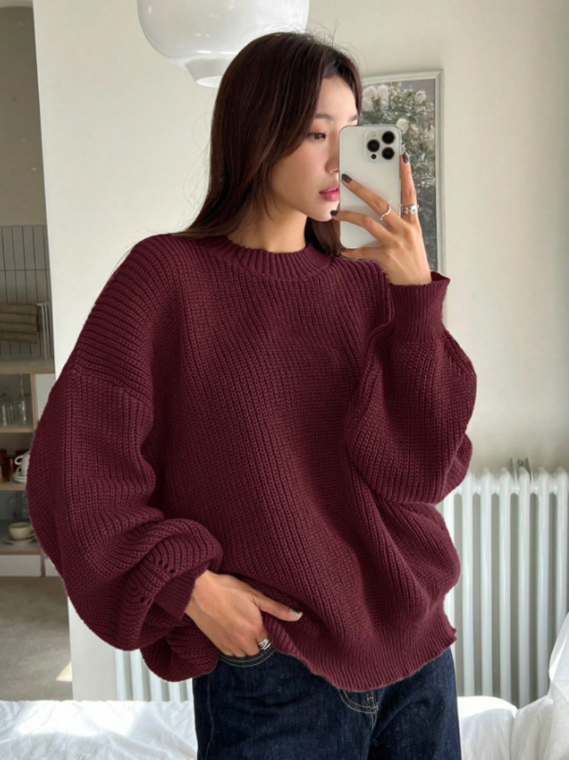 Women's Loose Knitted Plain round neck Jumper