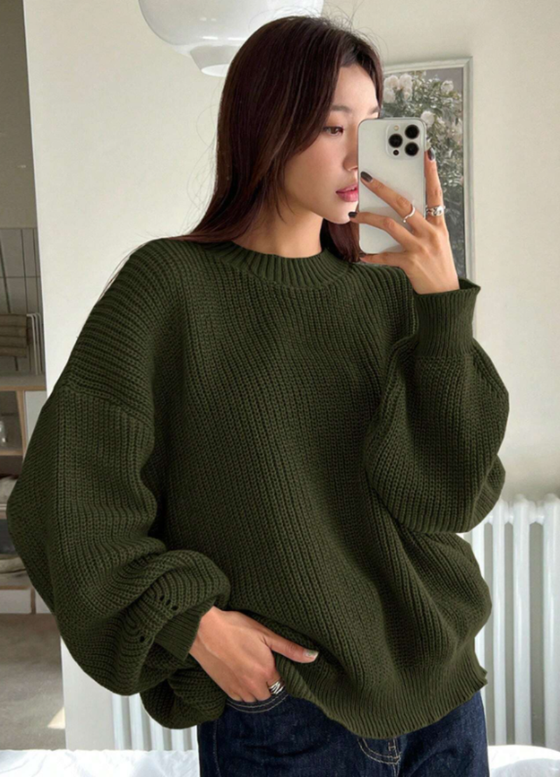 Women's Loose Knitted Plain round neck Jumper