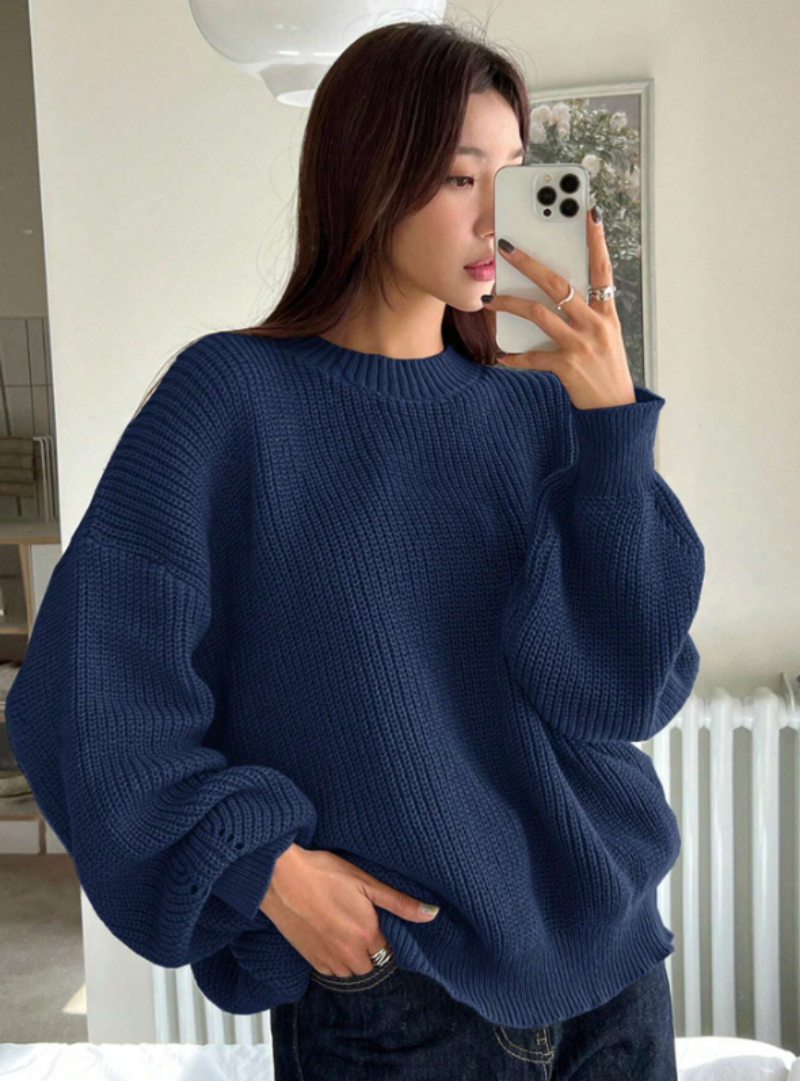 Women's Loose Knitted Plain round neck Jumper
