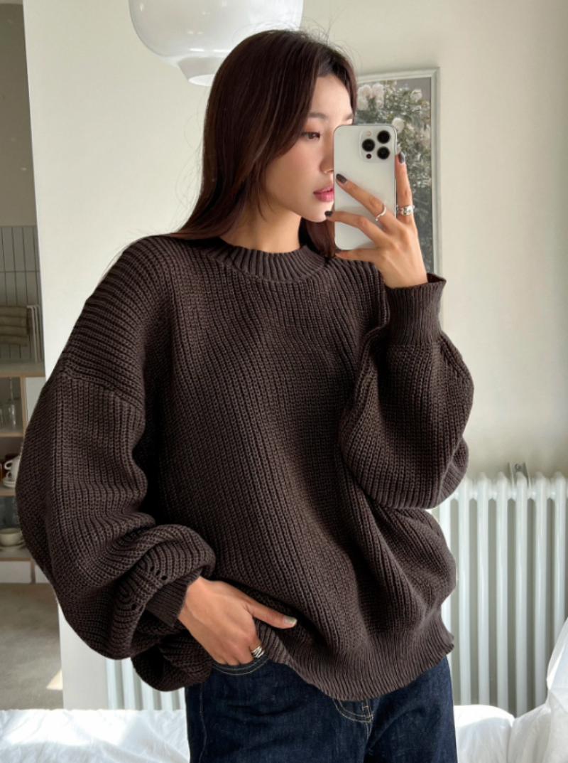 Women's Loose Knitted Plain round neck Jumper