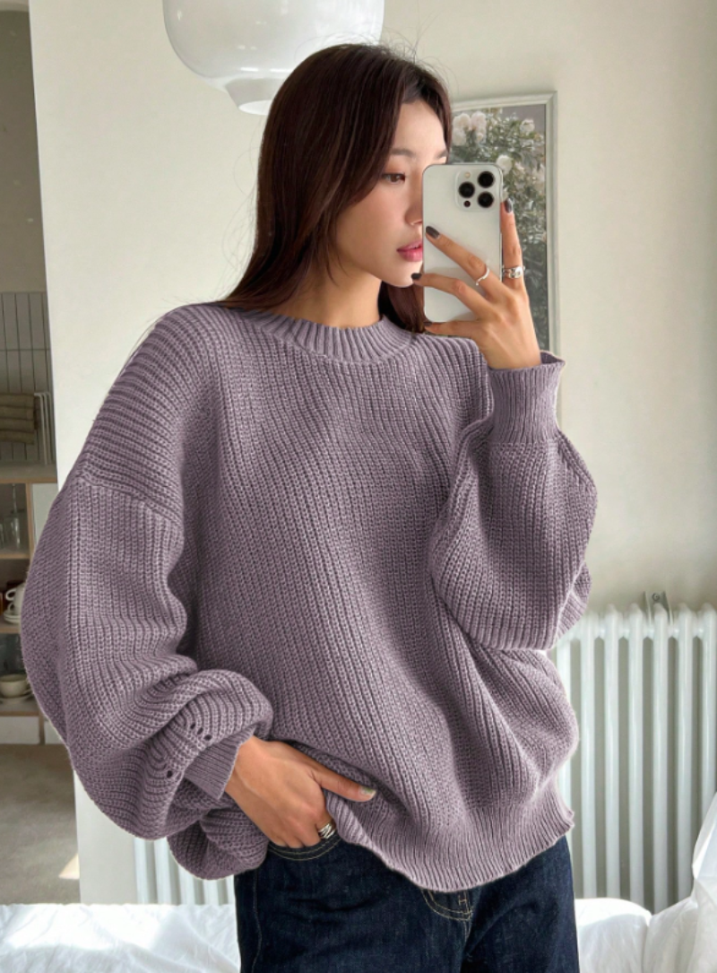 Women's Loose Knitted Plain round neck Jumper