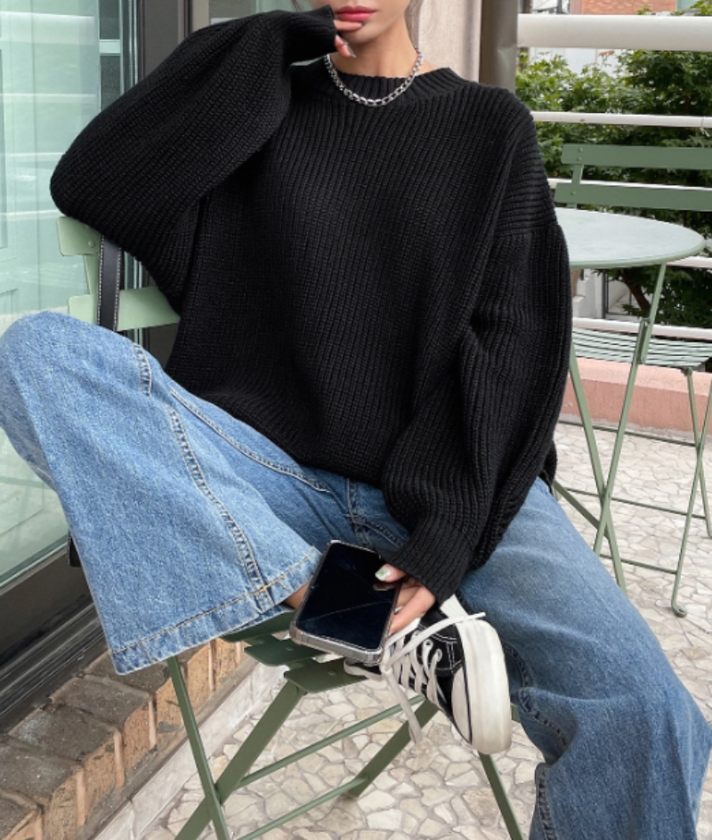 Women's Loose Knitted Plain round neck Jumper