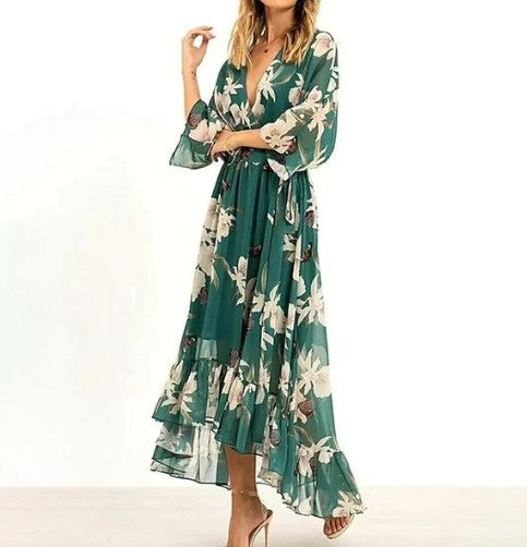 Women's Elegant High-Quality Maxi Dress with Floral Forest Pattern