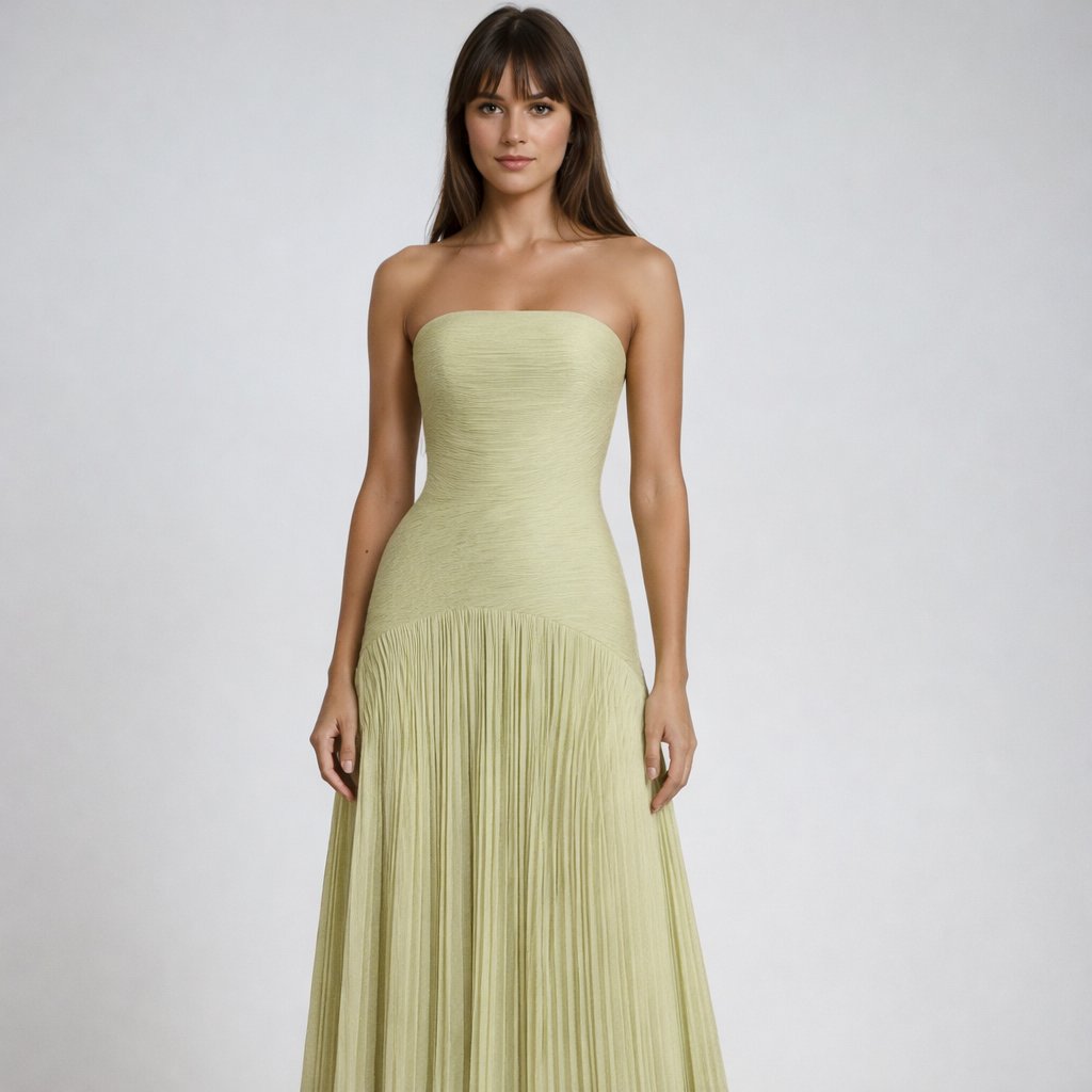 Strapless Maxi Dress Pleated Wedding Guest Gown Light Green