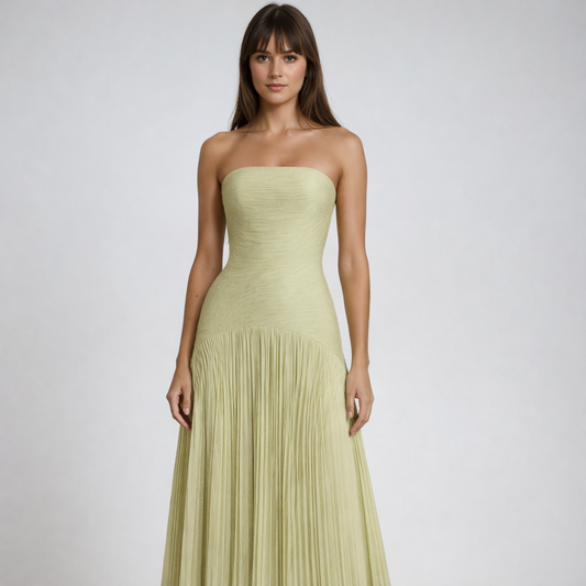 Strapless Maxi Dress Pleated Wedding Guest Gown Light Green