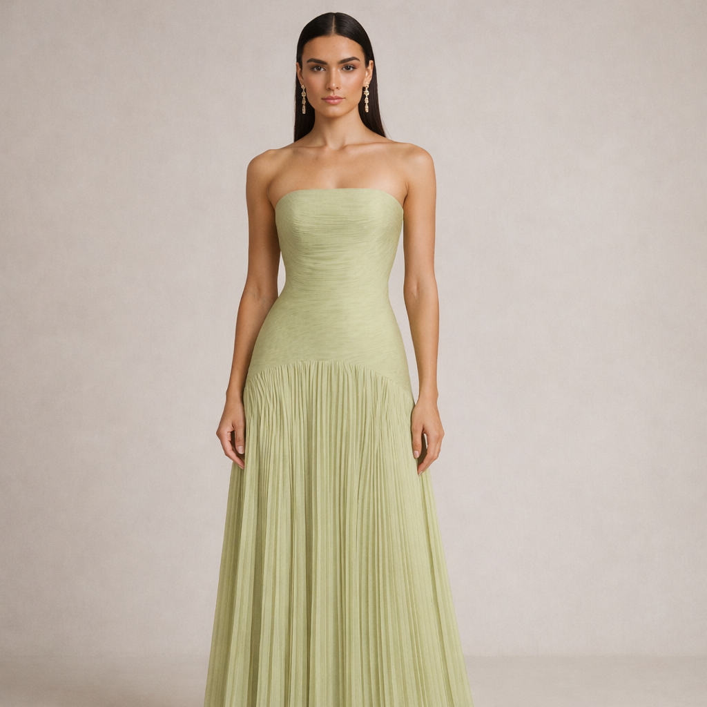 Strapless Maxi Dress Pleated Wedding Guest Gown Light Green