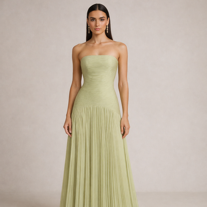 Strapless Maxi Dress Pleated Wedding Guest Gown Light Green
