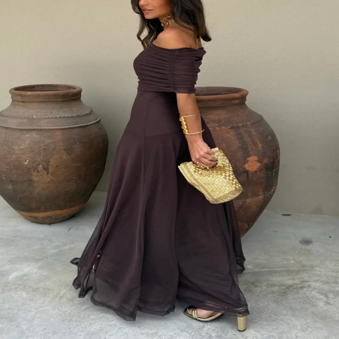 Off Shoulder Chiffon Maxi Dress - Image 2
