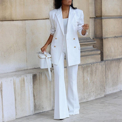 Women's Buttoned Blazer with Flared Trouser Two-piece Set