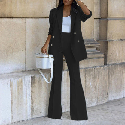 Women's Buttoned Blazer with Flared Trouser Two-piece Set