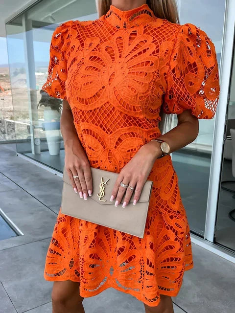 ChicAura – Embroidered Puff Sleeve Dress, Elegant Design, Lightweight Fabric, Perfect for Garden Parties & Casual Outings