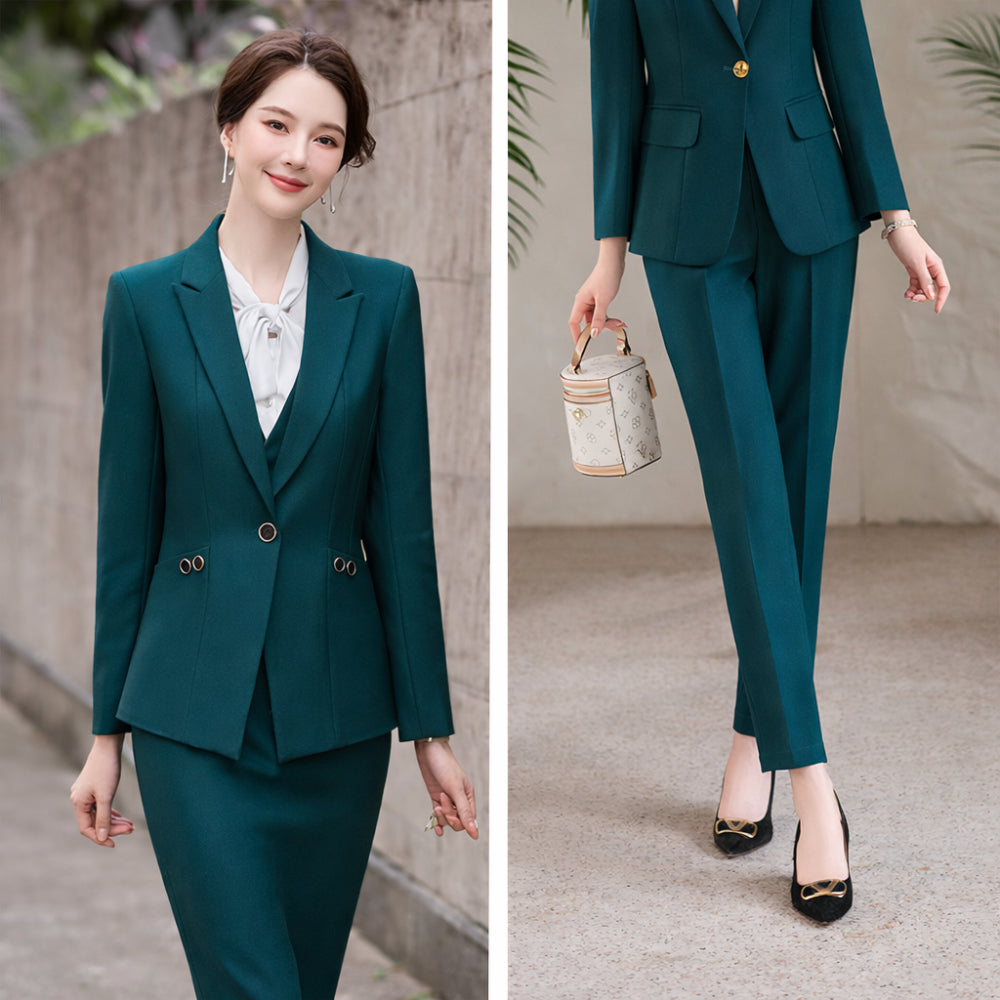 Women's Buttoned Notched Lapel Blazer and Pants Co-ords Set