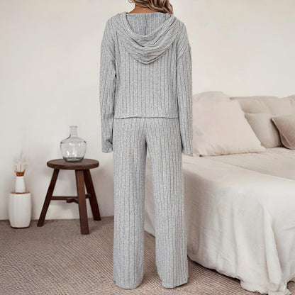 Women's Casual Solid Colour Hoodie and Straight Leg Pants Two Piece Set with Drawstring | Perfect for Casual Days