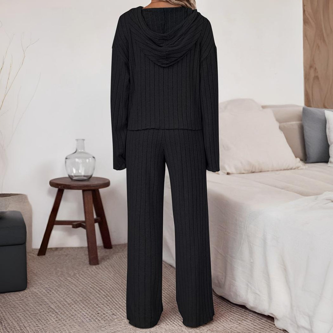 Women's Casual Solid Colour Hoodie and Straight Leg Pants Two Piece Set with Drawstring | Perfect for Casual Days