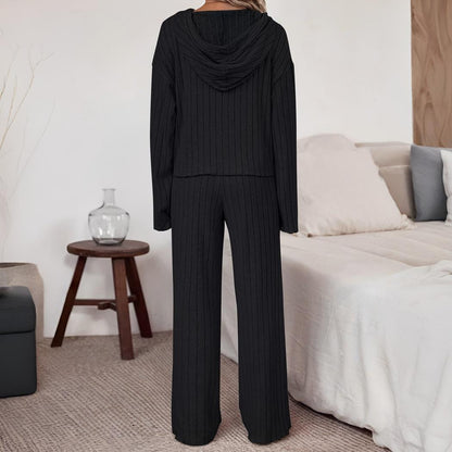 Women's Casual Solid Colour Hoodie and Straight Leg Pants Two Piece Set with Drawstring | Perfect for Casual Days