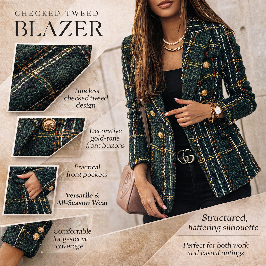 Women's Blazer Jacket Checked Tailored Office Style