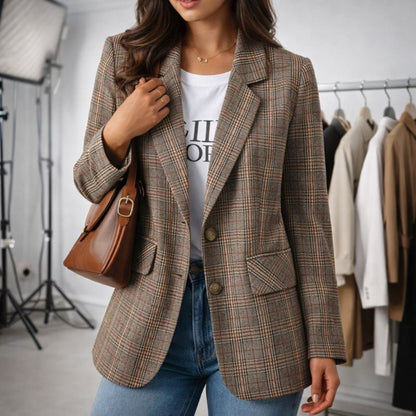 Women's Elegant Business Long Blazer with Grid Pattern