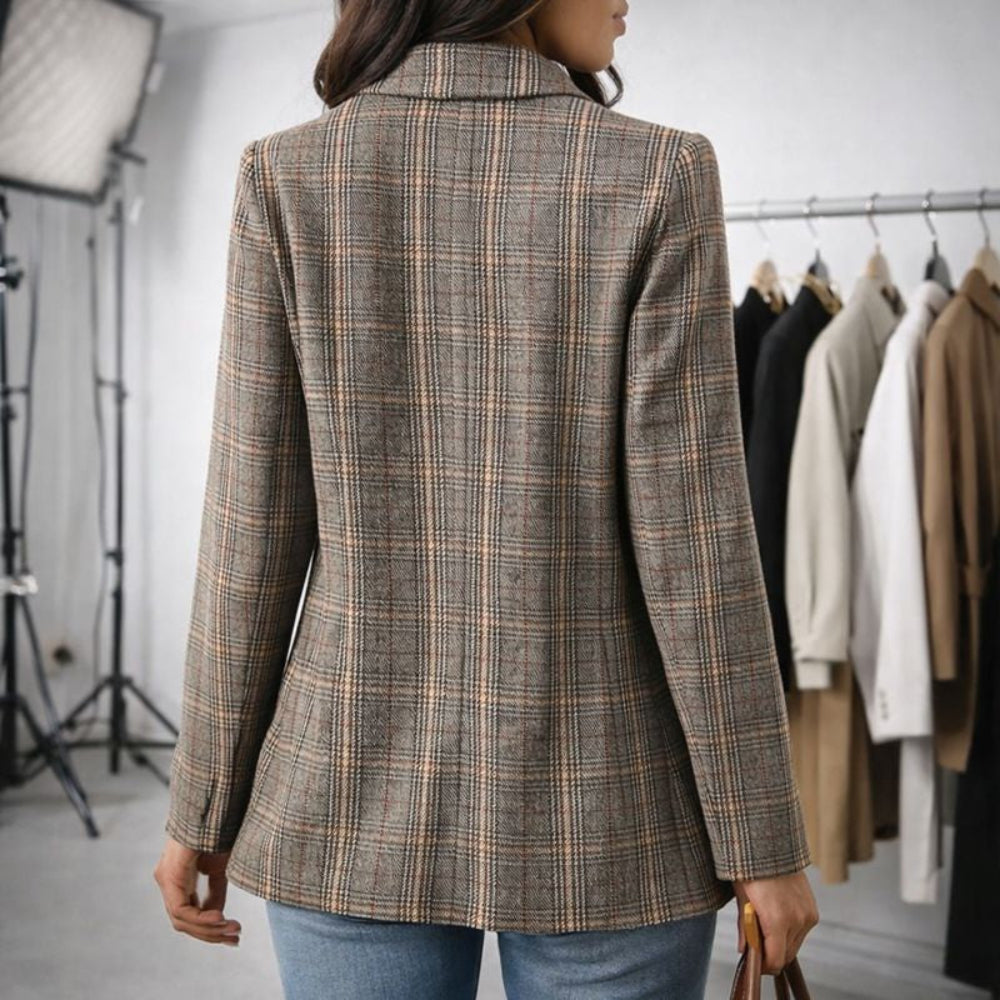 Women's Elegant Business Long Blazer with Grid Pattern