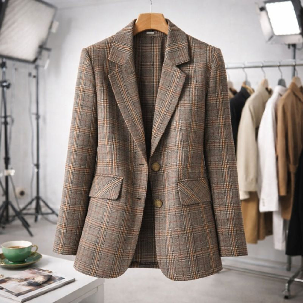 Women's Elegant Business Long Blazer with Grid Pattern