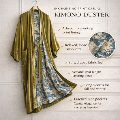 Women's Ink Painting Print Casual Kimono Duster