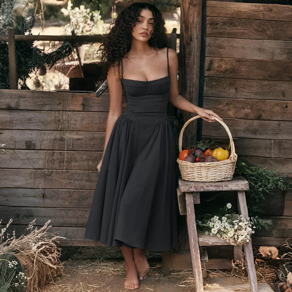 Women’s Summer Dress Corset A Line Spaghetti Strap Midi