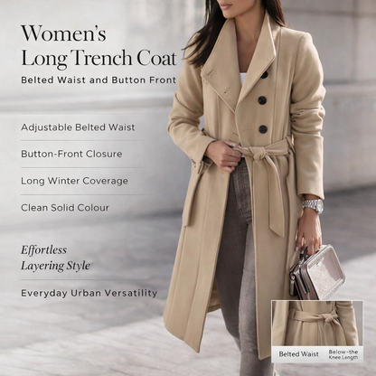 Women’s Trench Coat Long Belted Button Front Winter Outerwear