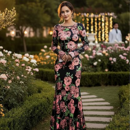 Women's Floral Long Sleeve Maxi Dress Elegant Bodycon Maxi